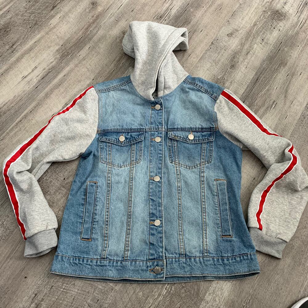 1 Sunset Lane Denim Jacket Womens Sz Large Light Blue Jean Hooded Fleece Arms